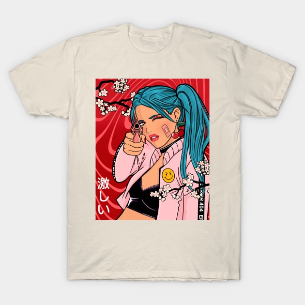 Kawaii anime shirts collection :  blue hair anime girl power T-Shirt by POINT799